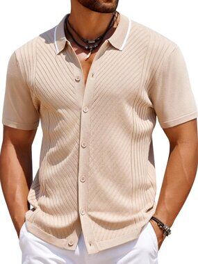 Men’s Sesame Knit Short Sleeve Button Down Vintage Polo Summer Shirt